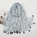 Artistic bohemian scarf with blue floral prints and tassel fringe in off-white cotton linen - Off-White Blue Art Floral With Tassels (XB946-02)