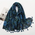 Blue floral cotton linen scarf with vintage paisley print and elegant fringe tassels - Deep Blue Small Floral With Tassels (XB928)