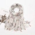 Bohemian floral print cotton linen shawl with delicate tassels on a minimalist background - Beige Red Blue Small Floral (XB304)