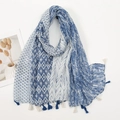 Blue and white bohemian patchwork cotton linen scarf with paisley prints and fringe - Blue White Patchwork Print (XB1044)