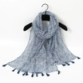 Blue and white bohemian paisley linen scarf with elegant dark blue fringe details - Blue White Ethnic Totem (XB745)
