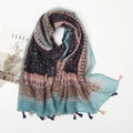 Bohemian paisley printed scarf in teal and coffee brown with fringe tassels decoration - Ethnic Paisley Patchwork (XB145)