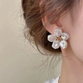 Exaggerated gold metal flower stud earrings with elegant baroque pearl texture petals - Five Artificial Pearls Large White Flower Studs