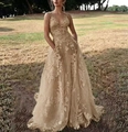 Elegant champagne gold sleeveless lace embroidery evening gown with deep V-neck floor-length - S / Dresses / Apricot