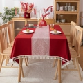 Traditional red Chinese wedding tablecloth with retro jacquard patterns and white tassels - 100x140 / Dark Red Fret Pattern With Tassels