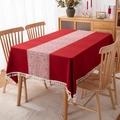 Red festive tablecloth with white geometric patterns and cotton tassels for dining tables - 100x140 / Dark Red Squares With Tassels
