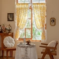 Floral yellow cotton cafe curtains with white ruffled edges and lace tiebacks - Cotton Sunflower With Ruffled Edge (Rod Pocket) / 140x180 (WxH, Single Piece, Without Rod)