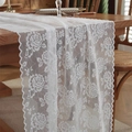 Elegant white lace table runner with vintage rose floral patterns on a wooden dining table - 90CM Length / Rose (47cm Wide)