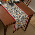 Retro table runner with blue flower and bird jacquard patterns and red tassels - 35x120 / Beige Background Magpie and Red Tassel