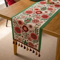 Runner da tavolo jacquard a fiori moderni con nappe colorate e finiture verdi - 35x120 / Strisce verdi con fiori rosa (con nappe rosse)