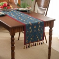 Vintage American table runner with blue jacquard bird motifs and decorative tassels - 35x120 / Blue Background Magpie and Red Tassel