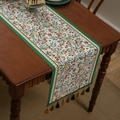 American retro floral table runner with ethnic jacquard design and tassels for home decor - 35x120 / Green Border Small Floral with Green Tassels