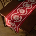 Runner da tavolo etnico rosso con motivo mandala bianco e nappine colorate - 35x120 / Stile mandala rosso (con nappe rosse)