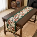 Vintage floral table runner with red sunflowers and woven green tassels on wood table - 35x120 / Spring Green with Green Tassels