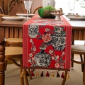Chemin de table style ethnique avec jacquard floral rouge et glands à franges colorés - 35x120 / Style Vase à Fleurs Rouge