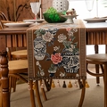 Chemin de table chinois classique avec motif jacquard floral et pompons colorés en marron - 35x120 / Style Vase à Fleurs Café