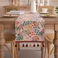 Vintage floral jacquard table runner with colorful fringe tassels on a wooden dining table - 33*350cm / Yarn-dyed Colorful Branches - Red Tassel
