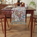American vintage jacquard table runner with floral patterns and colorful tassels - 33x45cm Placemat (Dense Tassels) / Circle Floral With Blue Tassels