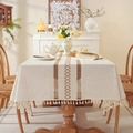 Chemin de table en lin avec franges à glands beige et motif jacquard géométrique - 140x100CM / Motif Lin Naturel Losange