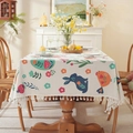 Oster-Tischdecke aus Baumwollleinen mit Hasen-Print und cremefarbenen Quasten für Esstisch - 90x90cm / Osterhase Mit Quasten