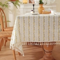 Floral striped cotton tablecloth with ivory tassels in a rustic farmhouse style - Yellow Stripe Floral (With Tassels) / 60x60cm