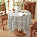 Floral tile print round cotton tablecloth with white tassels for rustic home dining décor - Blue Geometric Cashew (With Tassels) / 60x60cm