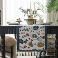 Easter table runner with colorful bunny eggs and decorative blue tassels on fabric - 35x120cm / Navy Blue Bunny with Navy Tassels
