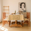 French country style beige tablecloth with colorful floral embroidery and cotton tassels - Yellow Base Curved Flower With Tassels