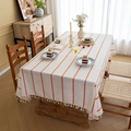 Boho cream rectangle tablecloth with orange stripes and fringe for dining table - 90x90cm / Creamy White with Orange