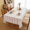 Minimalist beige polyester tablecloth with blue chain stripes and cotton tassels - 90x90cm / Beige and Gray