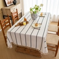 Cream rectangular polyester tablecloth with black chain stripes and elegant tassel fringe - 90x90cm / Cream with Black