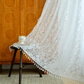 French lace curtain with leaf embroidery and boho tassels for cozy bedroom window - Leaf Pattern Style (Rod Pocket) / 140*100 (Width*Height) / White