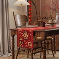 Chinese New Year red table runner with gold tassels and traditional festive patterns - Prosperity Flower + Red Tassel