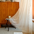 French lace curtain with hollow crochet pattern and bohemian tassels in beige - Bohemian Hollow Style (Rod Pocket) / 140*100 (Width*Height) / Beige