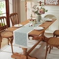 Blue and white jacquard table runner with tassels on a rustic wooden dining table - White Blue Geometric