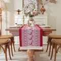 Red and cream jacquard table runner with reindeer motifs and decorative tassels - Red Reindeer