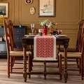 Red and white chevron jacquard table runner with decorative tassels on wooden table - Red Chevron