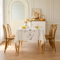 Rectangular cream tablecloth with pink floral embroidery and fringe tassels - Embroidered Blue Tassels And Pink Flowers + Cotton Tassels