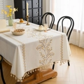 Rectangular cream tablecloth with yellow floral embroidery and fringe tassels - Embroidered Polka Dots In Yellow + Cotton Tassels