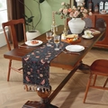 Vintage floral and bird pattern table runner with tassels on a dark wood dining table - 33*350cm / Yarn-dyed Black Bird With Coffee Tassels