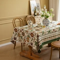 Retro floral jacquard tablecloth with green stripe border and elegant fringe detail - 140*100 / Butterfly Flower Green Border (Rolled Edge)