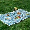 Blue daisy pattern jacquard picnic mat with white tassels displayed on green grass - Blue Daisy + Dense Tassels