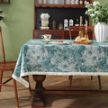 Retro dark green jacquard floral tablecloth with white fringe trim for dining table - Blue Daisy + Dense Tassels / 60*60cm