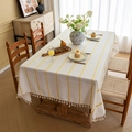 Bohemian cream tablecloth with yellow embroidered stripes and white fringe tassels - 90x90cm / Creamy White with Yellow