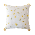 Cotton floral pillow cover with yellow daisy embroidery and corner tassels in cream white - Yellow Small Flower With Yellow Tassels