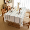 Tovaglia rettangolare crema con strisce turchesi e nappe di frangia fatte a mano - Bianco Sporco & Verde