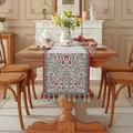 Elegant floral jacquard table runner with colorful tassels on a rustic wooden dining table - 35*140cm / Floral Pattern With Blue Tassels