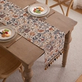 Vintage floral bird table runner with colorful tassels on a rustic wooden dining table - 33x350cm / Jacquard Magpie (Magpie With Coffee Tassels)