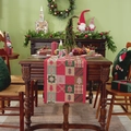 Christmas tree plaid table runner with red and green jacquard weave on wooden table - Plaid 3-tier Tree Hemmed Edge / 35*140cm
