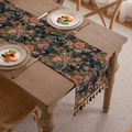 Vintage floral table runner with red roses and decorative tassels on wooden table - 33x45cm / Floral Black With Coffee Tassels
